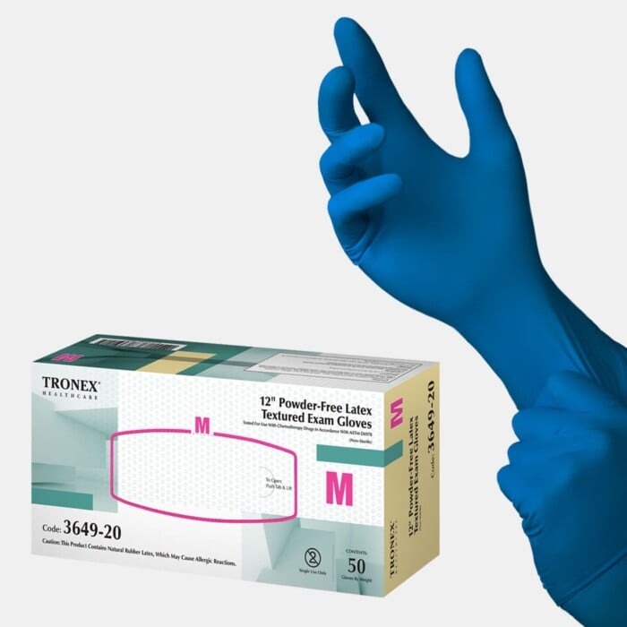 Tronex 3649 - Blue 12 Mil Thick Latex Chemo Rated Exam Gloves, Extended Cuff, Medical Grade